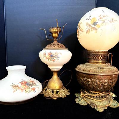 Two Vintage Electric Hurricane Lamps With Brass Bases (Need Repair)