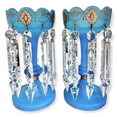 Two Victorian Blue Glass Lustre Vases
