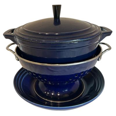 Cobalt Blue Le Creuset Plate, Cast Iron Dutch Oven, & Enamel Strainer