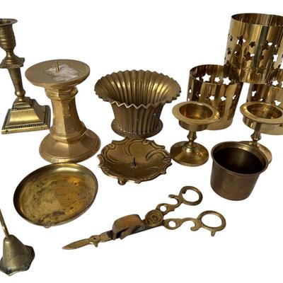 Vintage Brass Candleholders, Snuffer & Wick Trimmer 