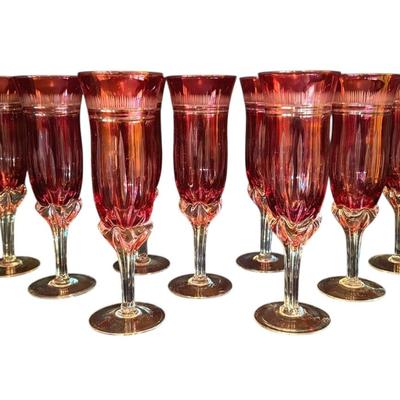 19 Cranberry Cut Crystal Champagne Flutes 