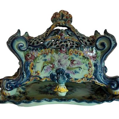 Hand-Painted Floral Ceramic Candy Dish w/ Lid & Plate 