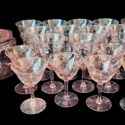 Pink Depression Glass Cookie Jar, Fruit Bowls, Cocktail And Wine Glasses