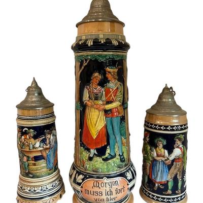 Three German Beer Steins - One 18’’ Tall!