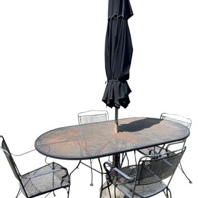 Wrought Iron Oval Table, 4 Chairs, Umbrella & Base
