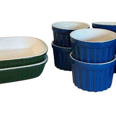 Ten Blue Stoneware Ramekins & Two Green Baking Dishes