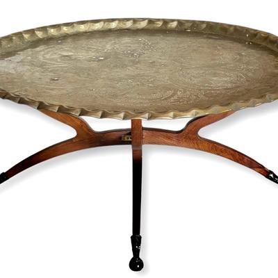 Moroccan Brass Tray Table w/ Mid-Century Folding Base & Crystal Ball Claw Feet