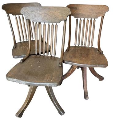 Three Heavy Wood Swivel Chairs 