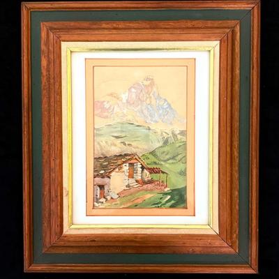 Small Framed Gauche Mountian Scene Painting (13.5”x15”)