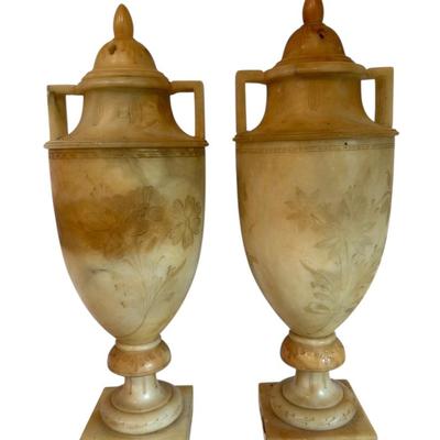 Two Carved Alabaster Urn-Shaped Lamps w/ Floral Designs