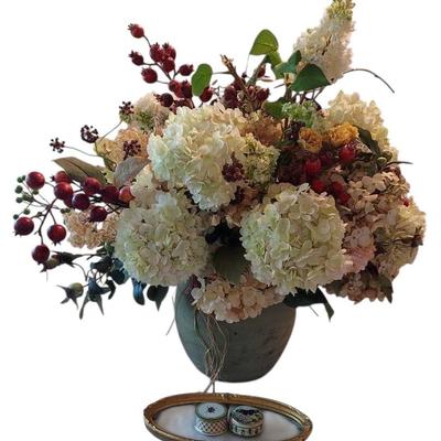 Large Faux Floral Arrangement, Trinket Boxes, & Gold Frame