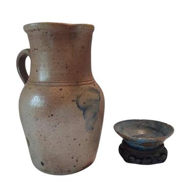 Antique Stoneware Pottery Pitcher & Small Bowl