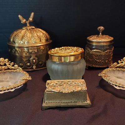 Antique Brass & Frosted Glass Ashtrays,  Vanity Jars & Trinket Boxes