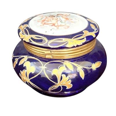 Small Painted Blue Glass Box With Cherubs 