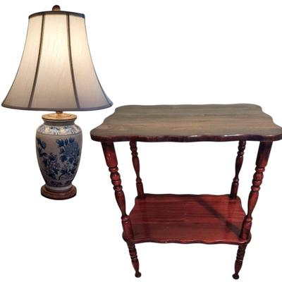 Blue & White Porcelain Lamp & Wood Side Table