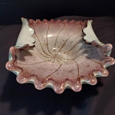 Murano Art Glass Scalloped Centerpiece Bowl.- Cased Amethyst Glass With Gold Flecks