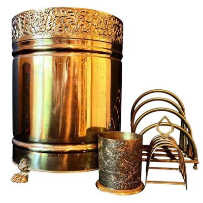 Brass Decor- Letter Holders, Trash Bin, & Pen Holder