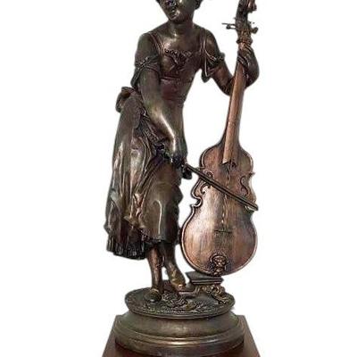 Bronze Sculpture "Young Girl With Cello" By Vincent Des'ire' Faure de Brousse & Wood Display