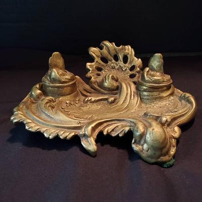 Antique Art Nouveau Brass Inkwell