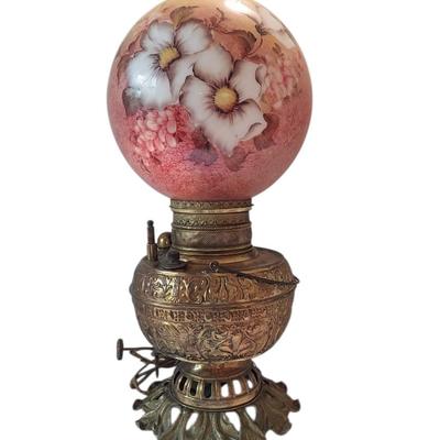 Antique Hurricane Oil Lamp With Brass Base & Handpainted Shade