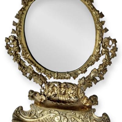 Antique Victorian Brass Mirror Vanity Stand 
