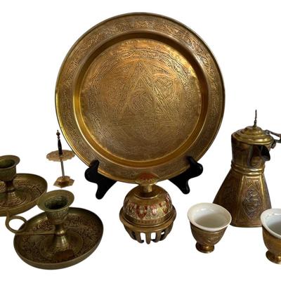 Vintage Indian Brass Tea Set, Bell, & Candleholders 