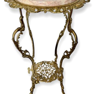 Antique Ornate Pink Marble & Brass Two-Tier Stand (#2)