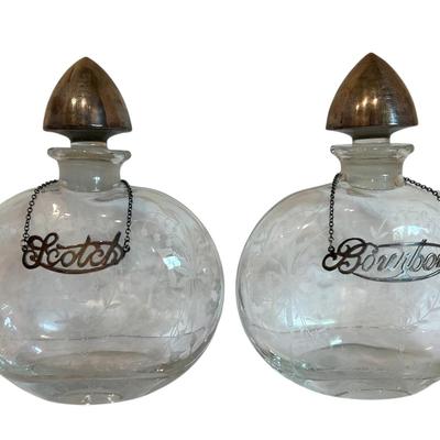 Scotch & Bourbon Bottles w/ Sterling Stoppers & Labels 