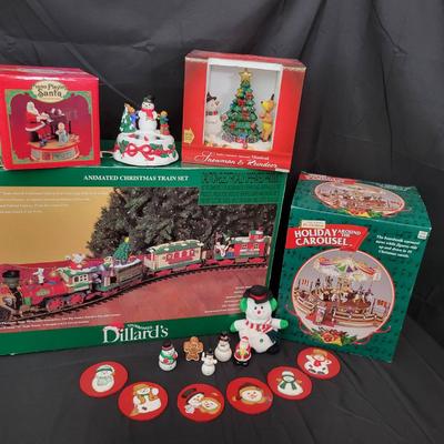 Christmas Decor Lot – Animated Train Set, Musical Carousel, Ornaments & More