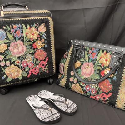 Mellow World Vegan Floral Rolling Luggage & Handbag Set with Brighton Size 8 Sandals