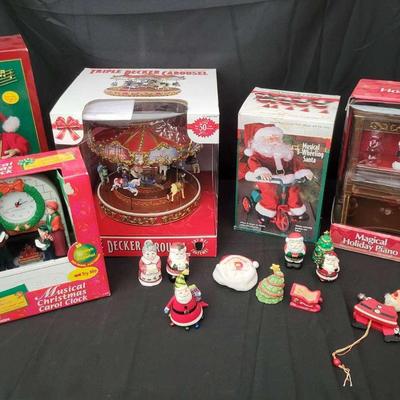 Holiday Musical & Animated Decor Lot – Carousel, Santa Figures, Clock, Piano & Ornaments