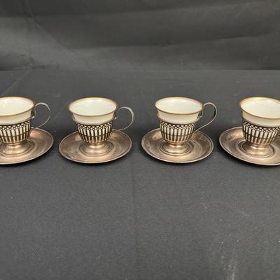 Lenox Porcelain Demitasse Cups with Sterling Silver Holders & Saucers | Set of 4 | 190g Total Weight
