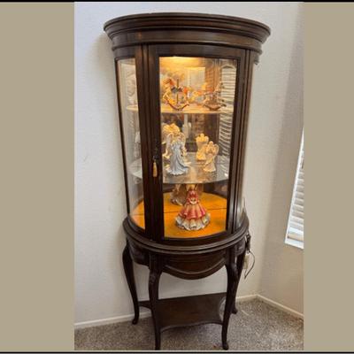 Lighted Curved Glass Display Cabinet with Carved Legs & Figurines