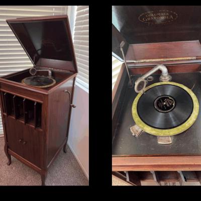 Columbia Grafonola Phonograph with Records – Antique Floor Model with Storage Cabinet