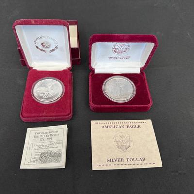 1990 Silver Eagle & 1991 Bill of Rights Round | 1 oz .999 Fine Silver Each | Boxes & COAs
