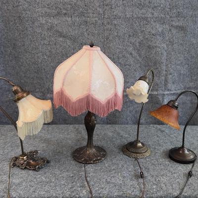 Vintage & Antique Style Accent Lamps | Ornate Bases, Fabric & Glass Shades | Lot of 4