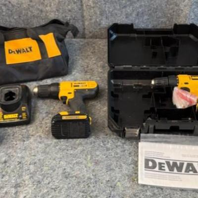DeWalt Cordless Drill Lot – 2 Drills (DCD771 & 20V Model), Batteries, Charger, Cases & Bag