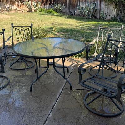 Outdoor Patio Set – Round Glass Table with 4 Metal Swivel Chairs
