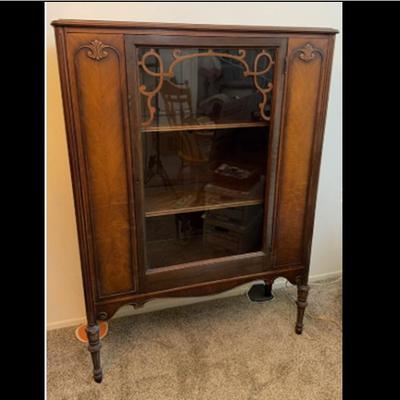 Antique Glass Door Display Cabinet – Wood with Carved Details and Interior Shelves