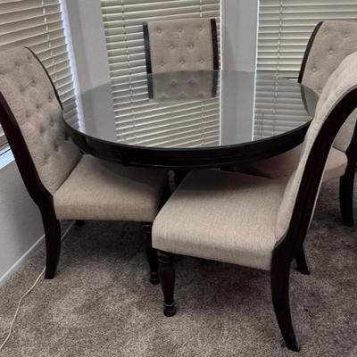Ashley Furniture Round Glass Top Dining Table & 4 Upholstered Chairs