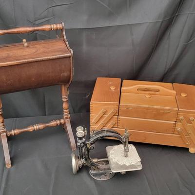 Vintage Sewing Lot – Wooden Sewing Boxes, Supplies & Miniature Hand Crank Sewing Machine