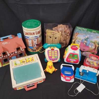 Vintage Toy Lot | Lincoln Logs, Fisher-Price Briarberry, School Desk, Phones, Sewing Machine