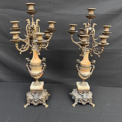 Pair of Antique French-Style Candelabras – Ornate Metal & Marble with Cherub and Scroll Details