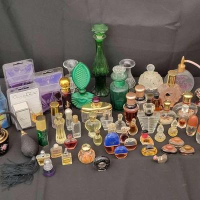 Vintage Perfume Bottles & Vanity Accessories – Assorted Glass, Green Depression Glass & Minis