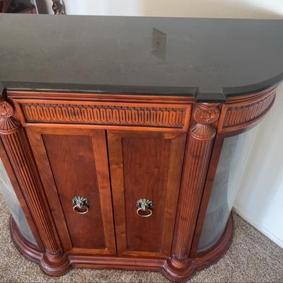 Bombay Co. Regency Style Console Cabinet with Curio Display Ends & Black Top