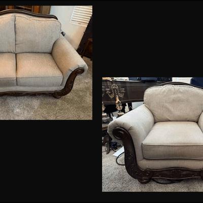 Loveseat & Armchair Set | Ornate Wood Carving | Neutral Upholstery | Traditional Style