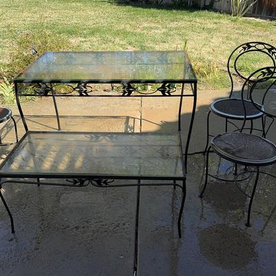 Wrought Iron Patio Furniture Set | 2 Glass-Top Tables & 3 Chairs 