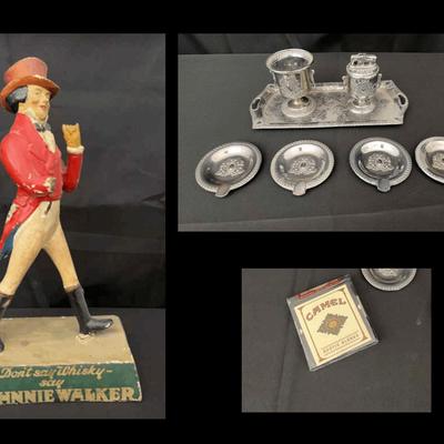 Vintage Johnnie Walker Advertising Figure & Pewter Smoking Set
