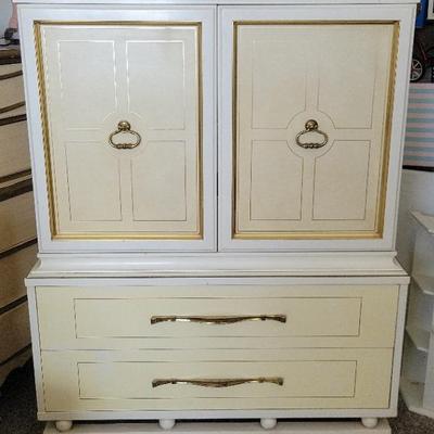 Vintage White & Gold Armoire Dresser | 2 Doors, 2 Drawers, Ball Feet | Hollywood Regency