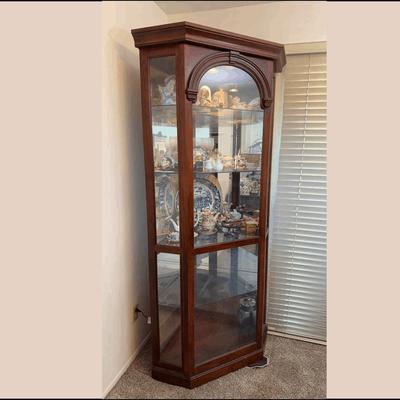Pulaski Sliding Door Corner Curio Cabinet – Lighted Display with Glass Shelves